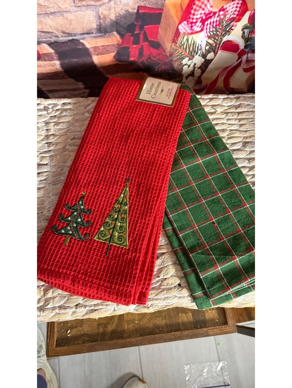 Waffle Weave with Embroidered Christmas Trees & Green Plaid Kitchen Towels